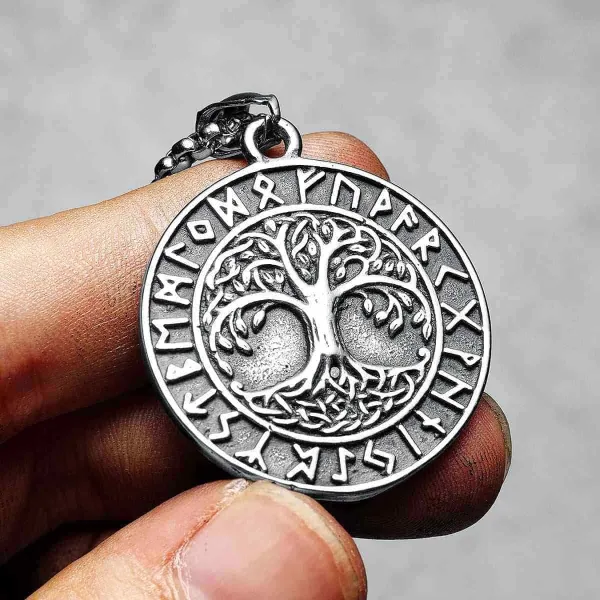 Men's Round Yggdrasil Necklace Runes