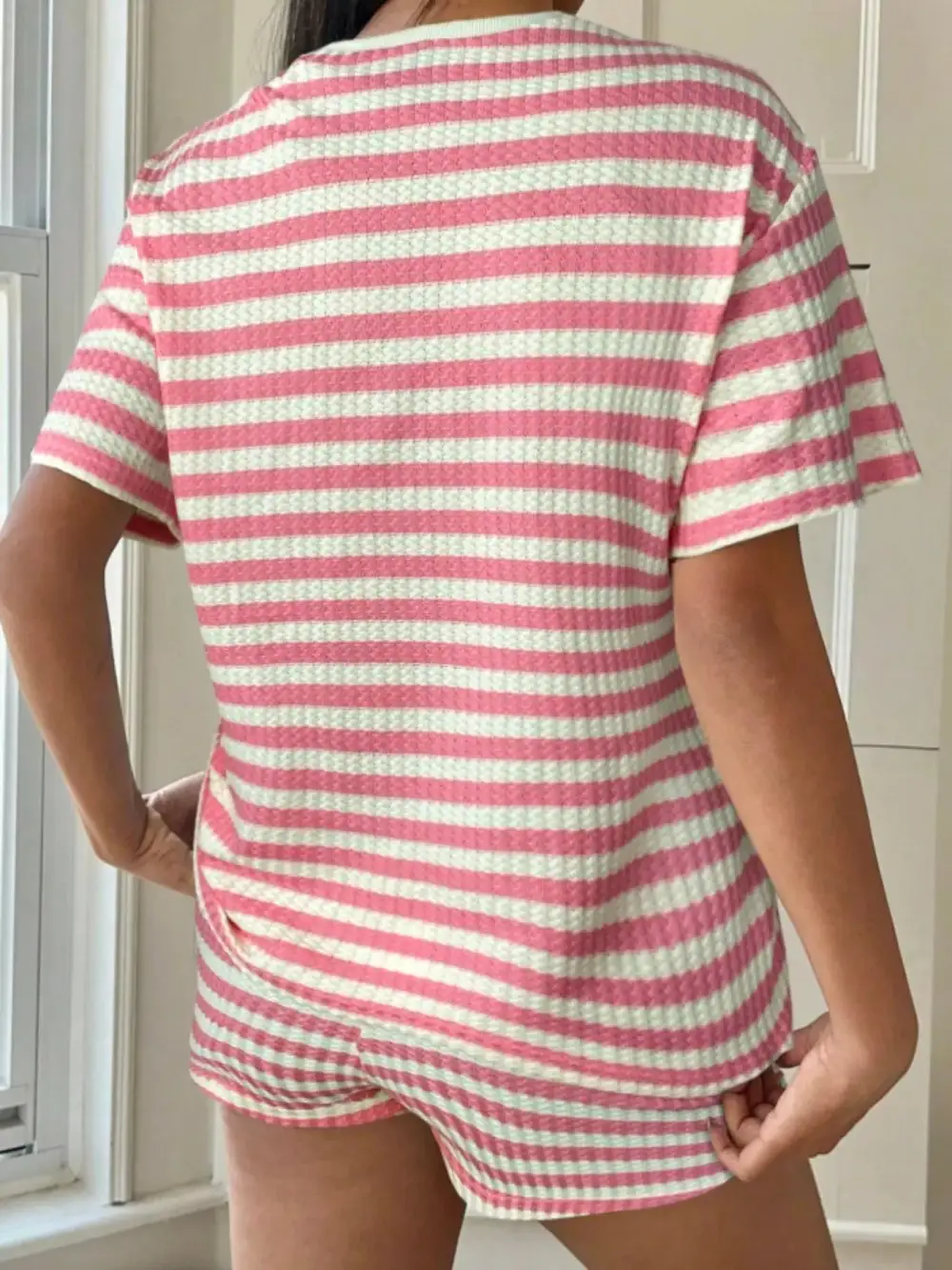 Relaxed Striped Round Neck Top Shorts Set