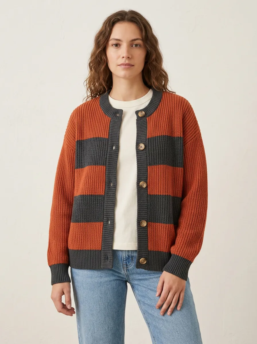 Relaxed Layering Distinctive Rugby Striped Knit Cardigan
