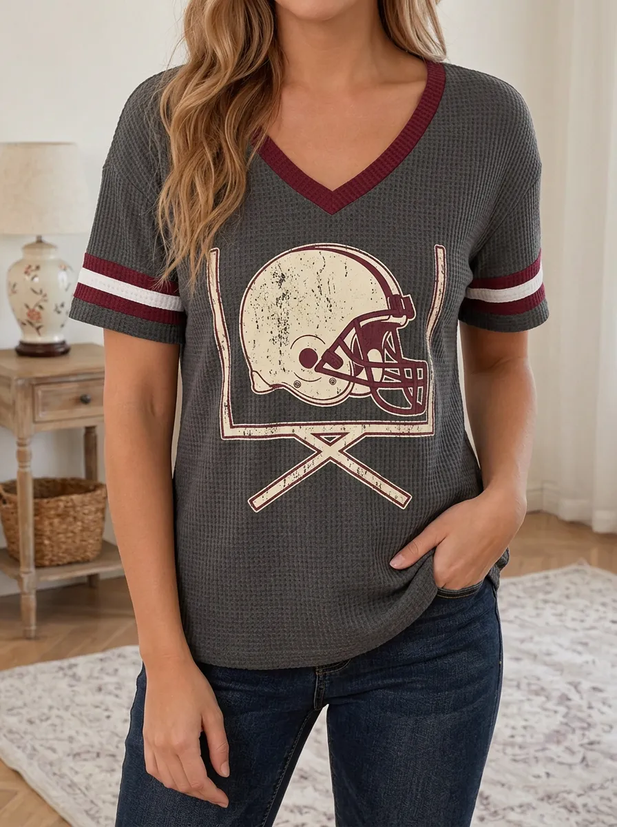Women's Football Fan Helmet Goalpost Printed Waffle Knit Top