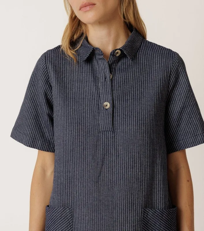 Cotton Collared Button-Front Short Sleeve Dress