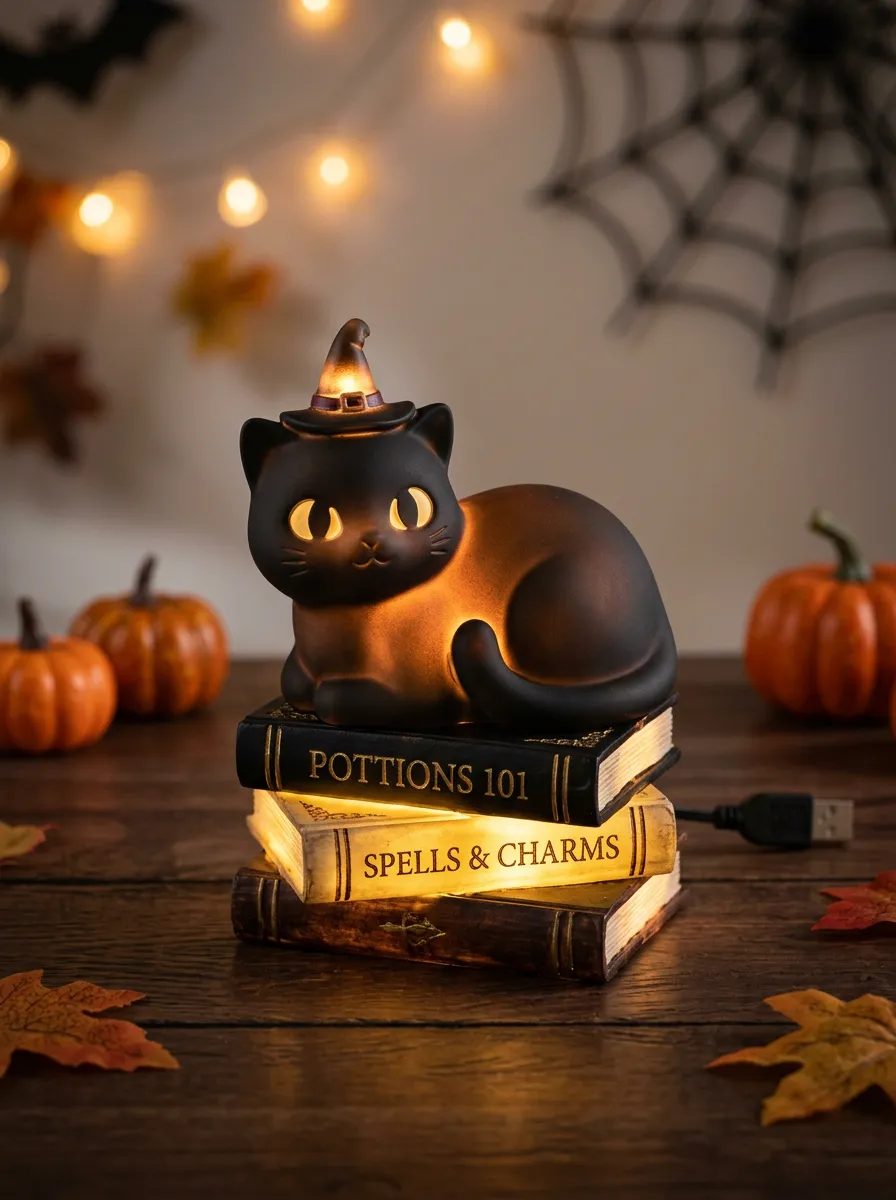Halloween Witch Cat on Spellbooks LED Night Light