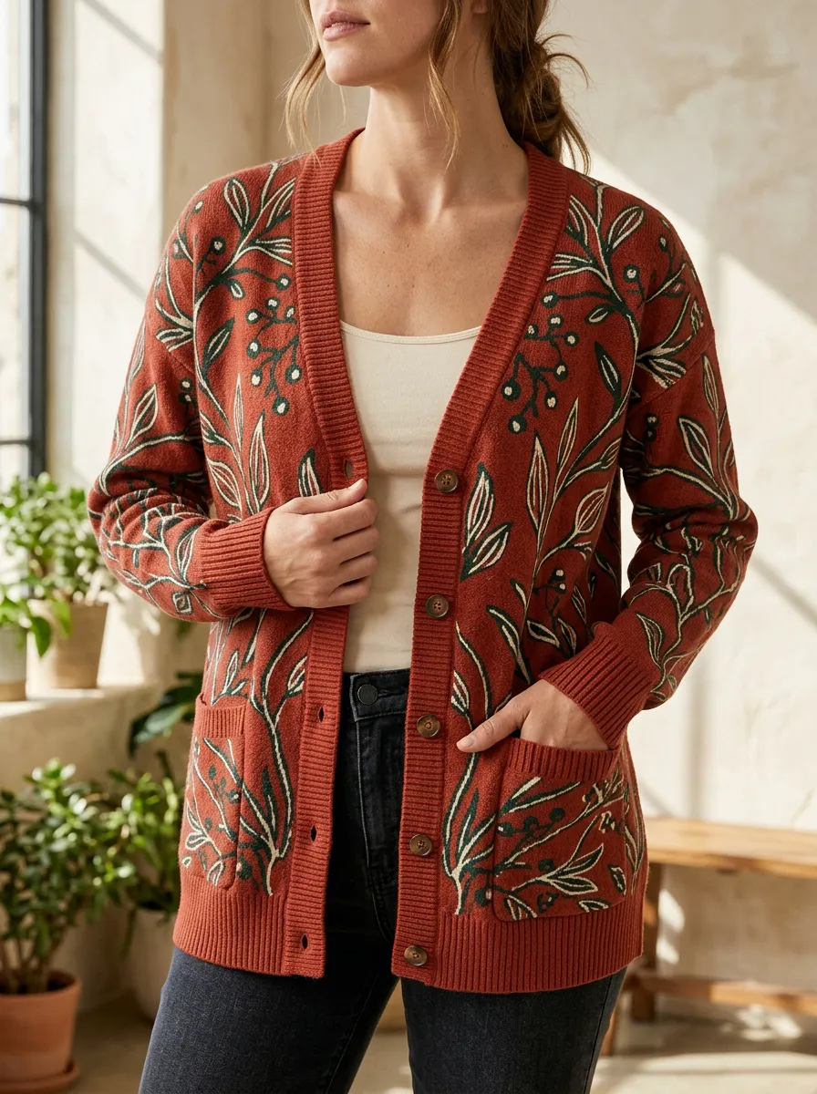 Women's Botanical Nature Lover Rust Leaf Printed Cardigan