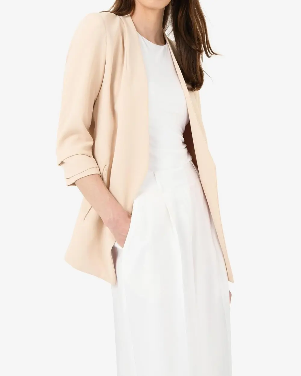 Crepe Textured Fabric Collarless Blazer -Ecru