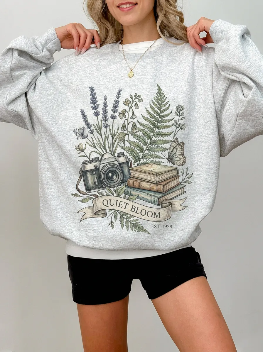 Women's Nature Photography Book Lover Quiet Bloom Printed Sweatshirt