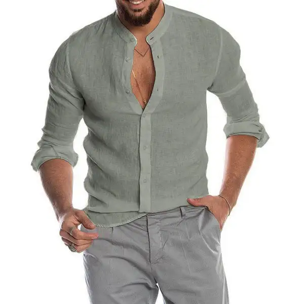 Men's Linen Shirt With Stand-up Collar Continuous Button Placket And Casual Slim-Fit Cut