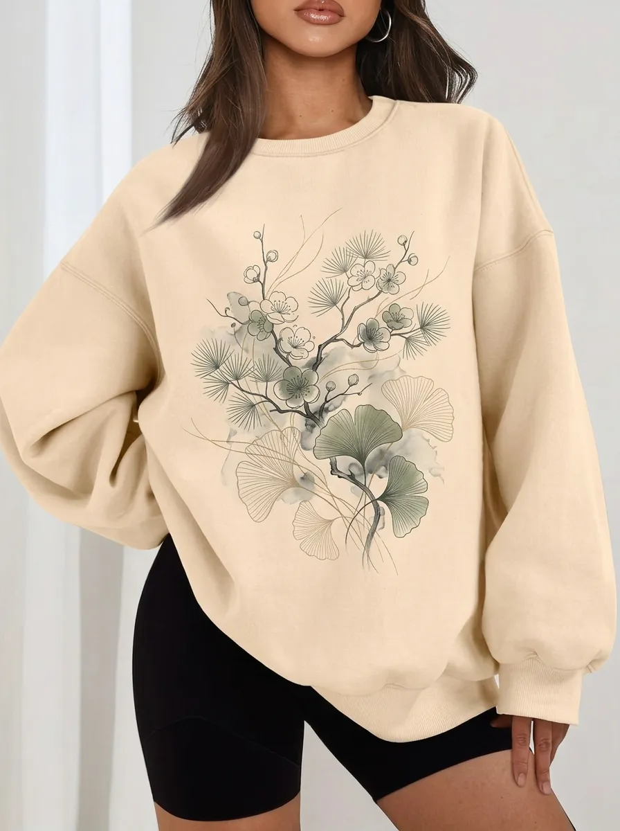 Women's Botanical Nature Lover Ginkgo Flower Printed Sweatshirt