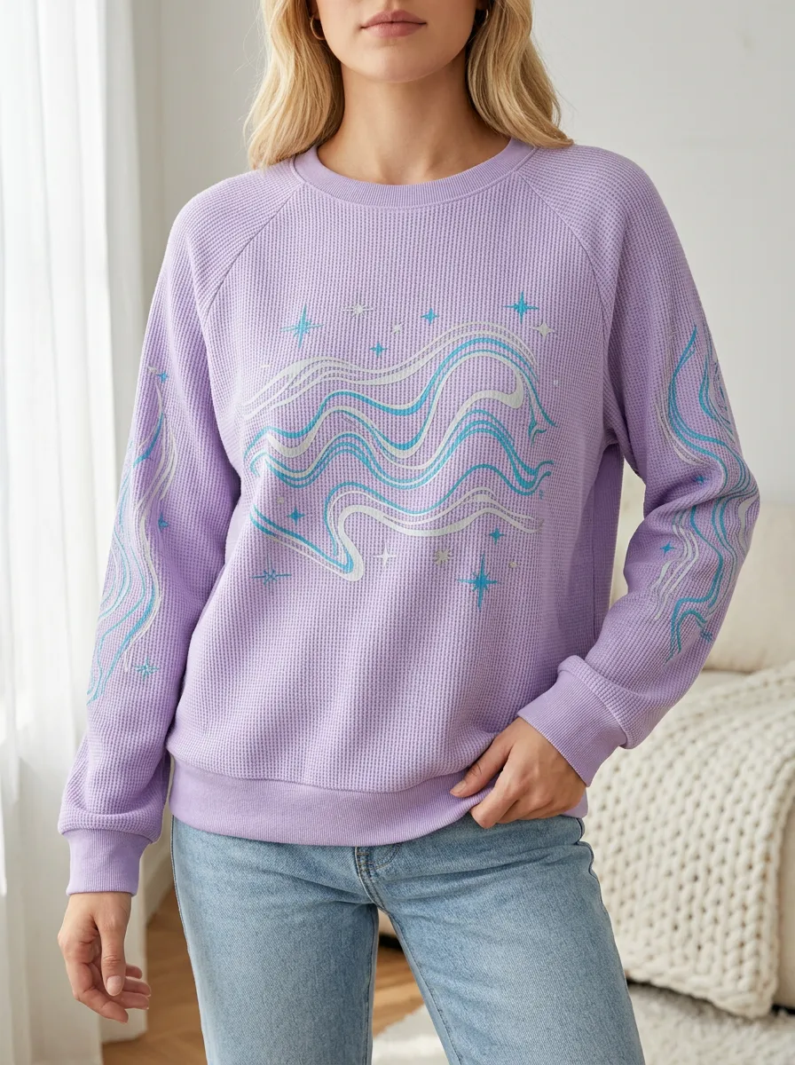 Women's Celestial Wave Pattern Waffle Knit Crewneck Sweatshirt