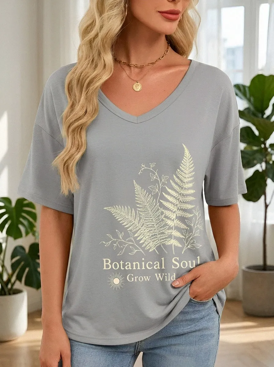 Women's Botanical Soul Fern Leaf Printed V-Neck T-Shirt