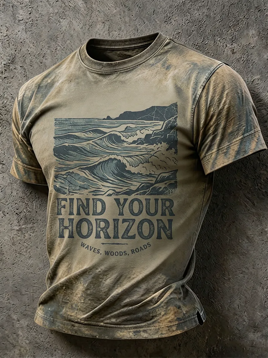 Men's Nature Adventure Find Your Horizon Ocean Waves Printed T-shirt