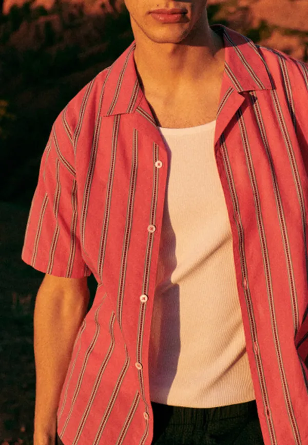 Coral Red Stripe Print Short Sleeve Camp Shirt