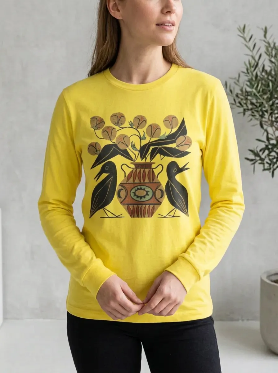 Women's Folk Art Bird Printed Long Sleeve Top