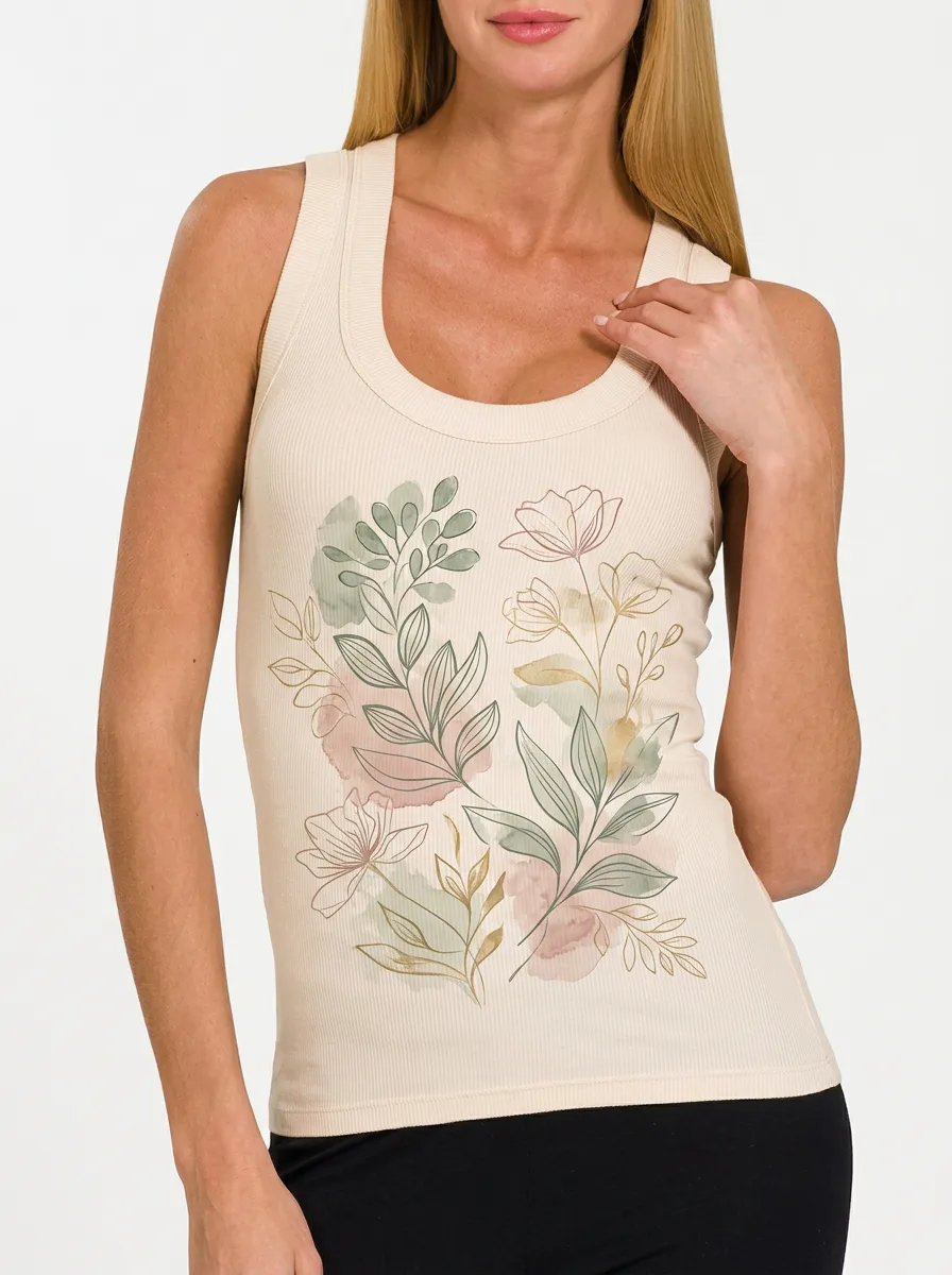 Women's Botanical Nature Lover Watercolor Floral Printed Ribbed Tank Top