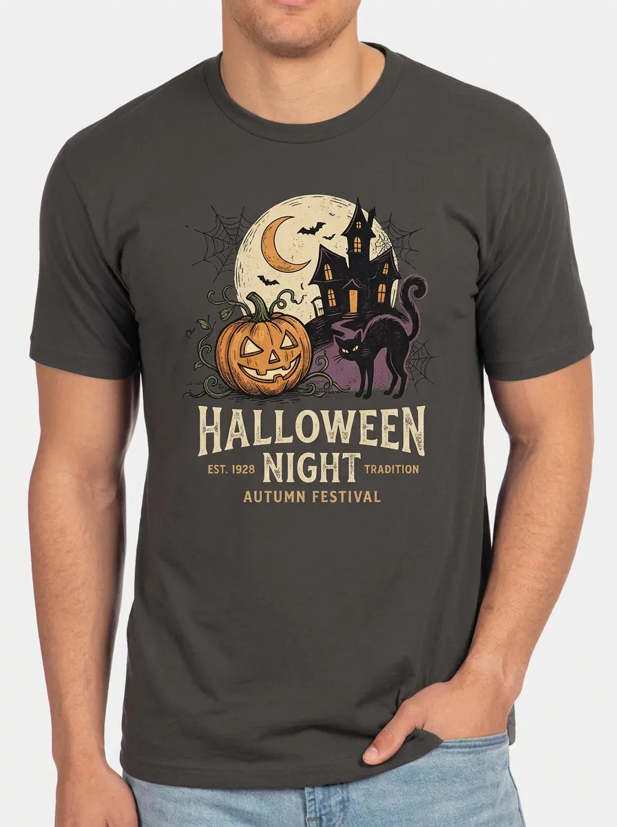 Men's Halloween Pumpkin Cat Haunted House Printed T-shirt
