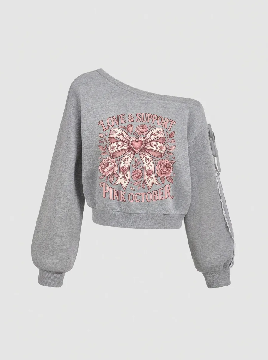 Women's Breast Cancer Awareness Pink Ribbon Floral Printed One-Shoulder Sweatshirt