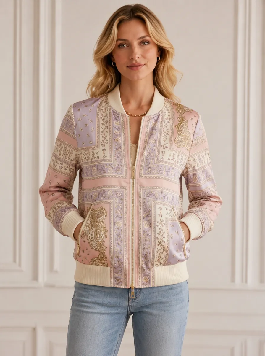 Women's Boho Paisley Floral Bomber Jacket