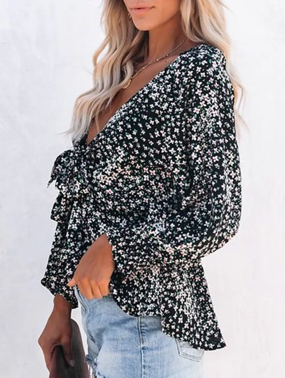 Floral Print V Neck Tie Waist Blouse