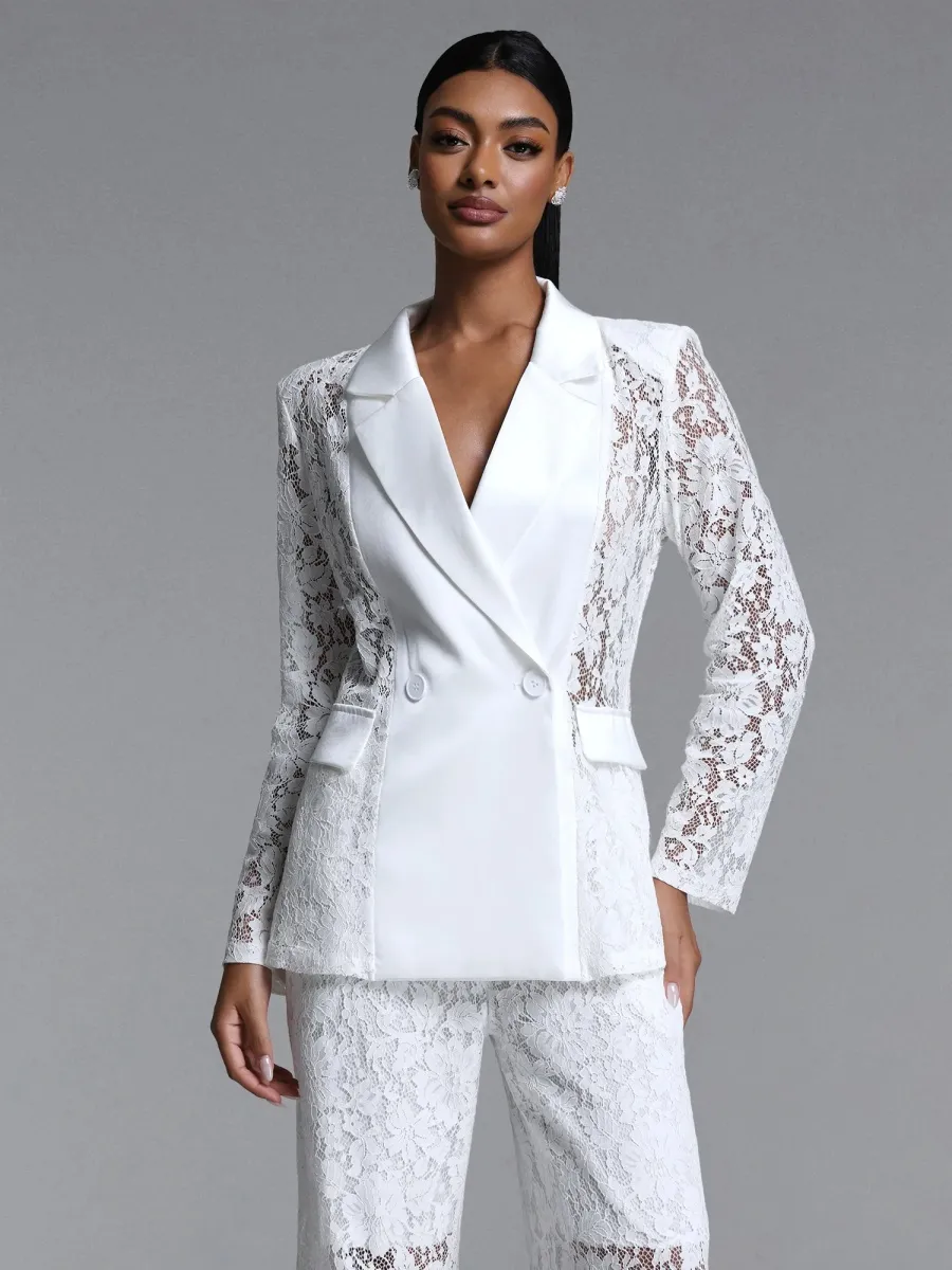Elara  Lace Satin-Trimmed Blazer & Wide-Leg Pant Suit