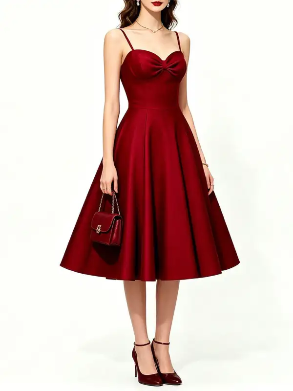 Satin Spaghetti Strap Party Prom Midi Dress