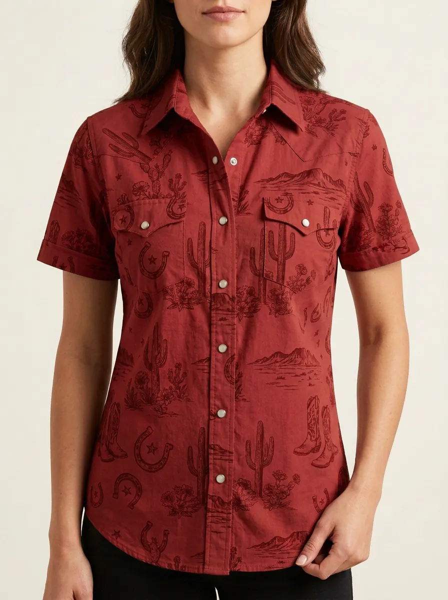 Western Cactus Horseshoe Western Short Sleeve Shirt
