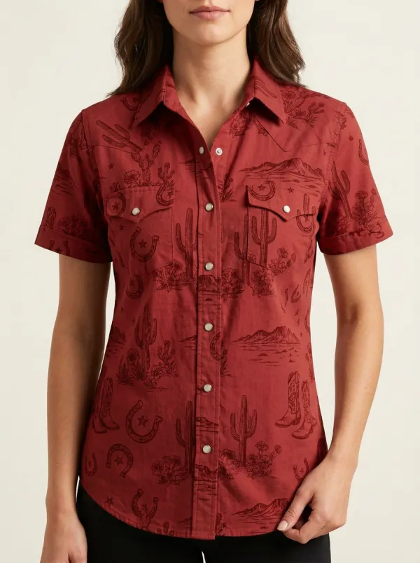 Western Cactus Horseshoe Western Short Sleeve Shirt