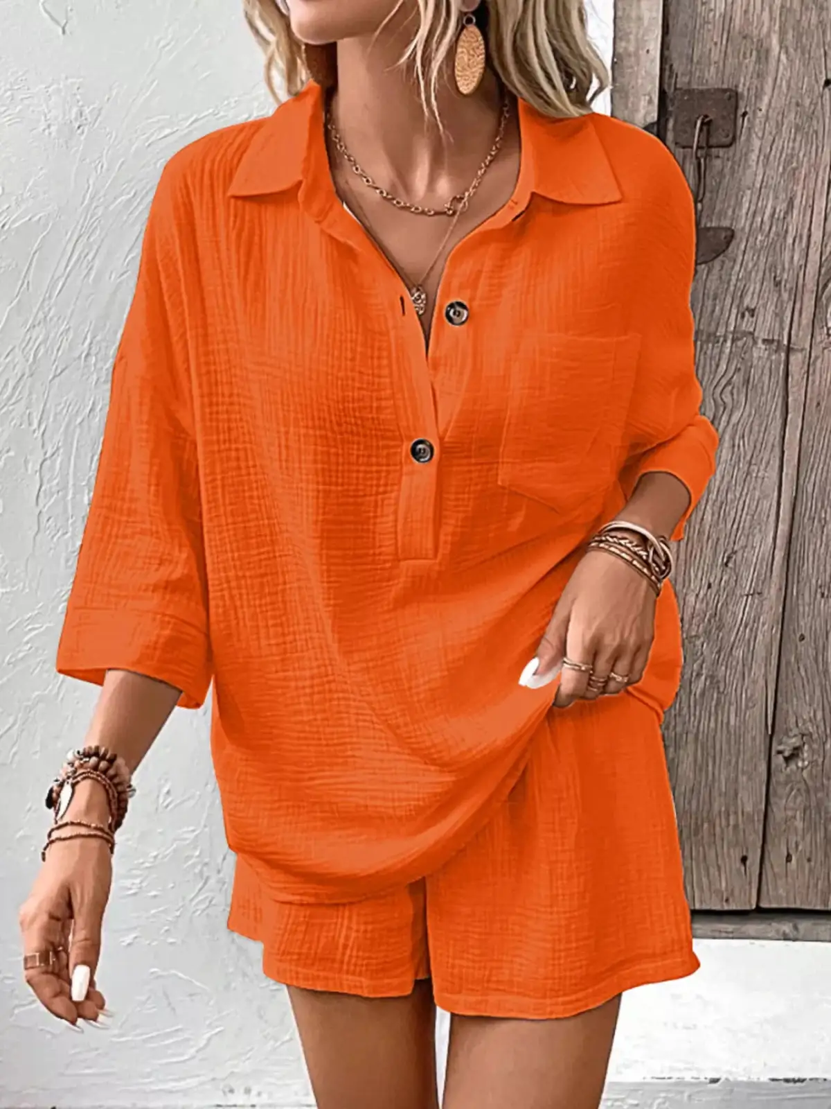 Button-Detail Pocketed Cotton Top and Shorts Matching Set