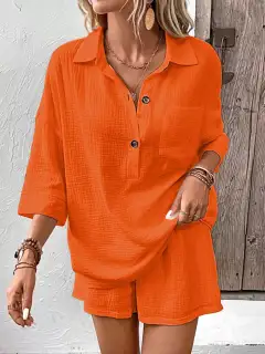 Button-Detail Pocketed Cotton Top and Shorts Matching Set