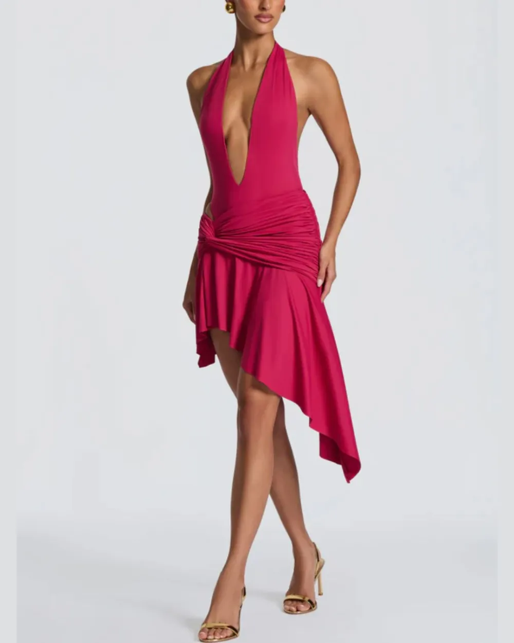 V Halter Twist Asymmetric Mini Dress