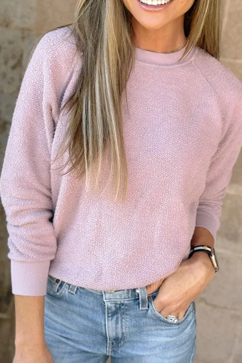 Light Pink Textured Long Sleeve Crewneck Top