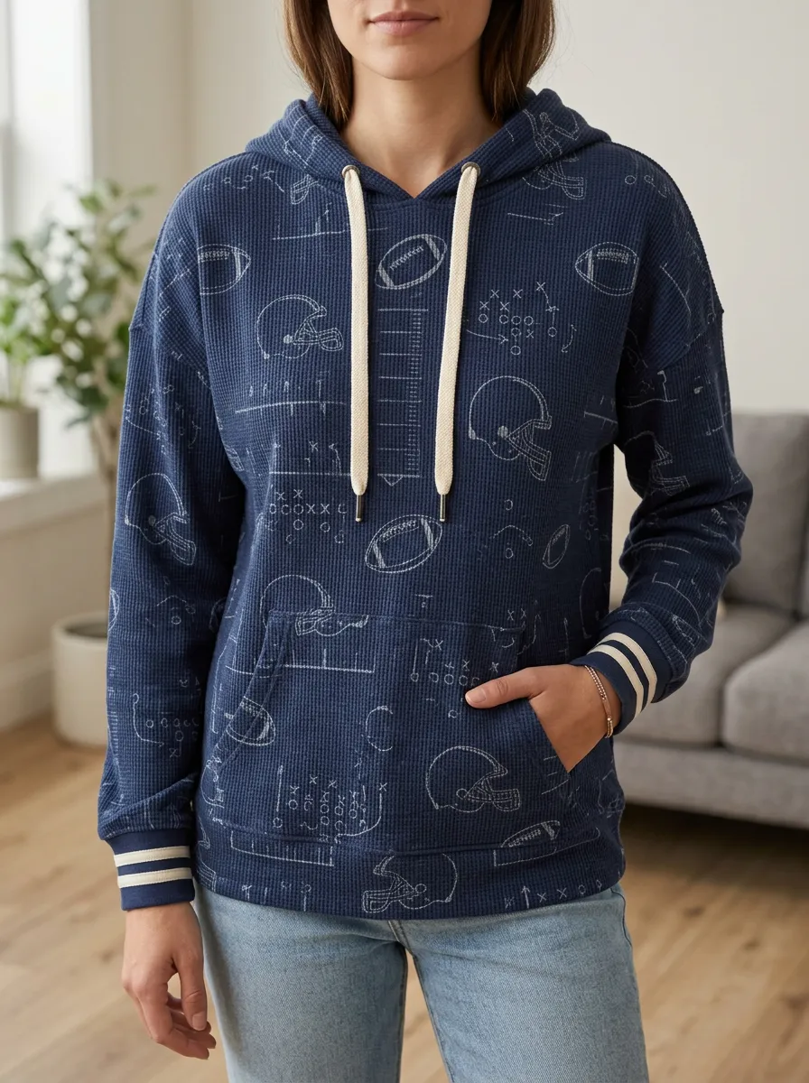 Women's American Football Fan Helmet Playbook Printed Waffle Hoodie