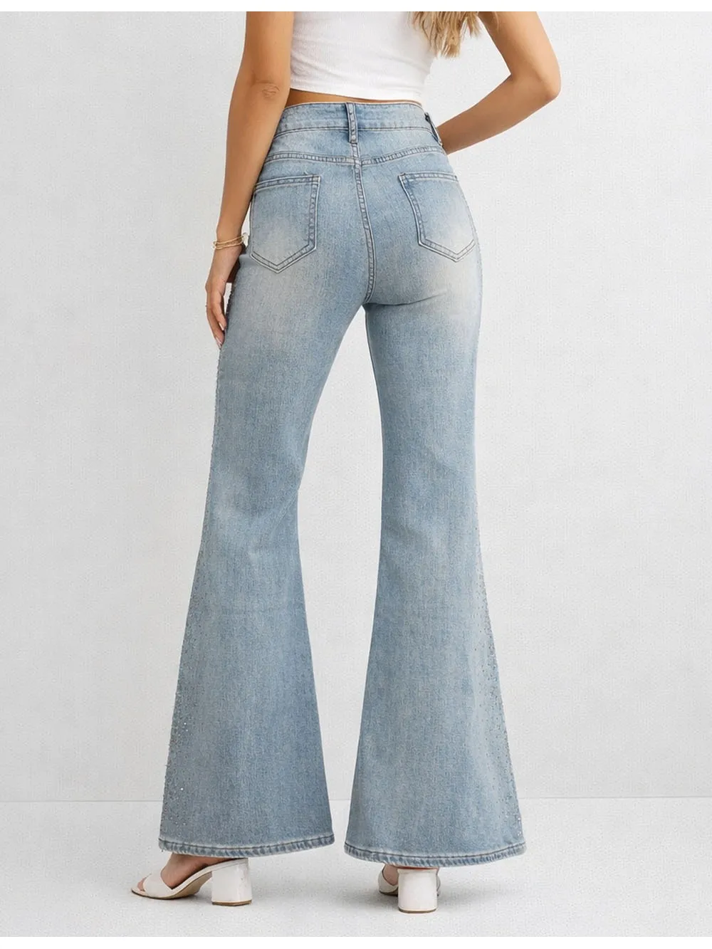 Rhinestone Stud Button Fly Flared Leg Denim Pants