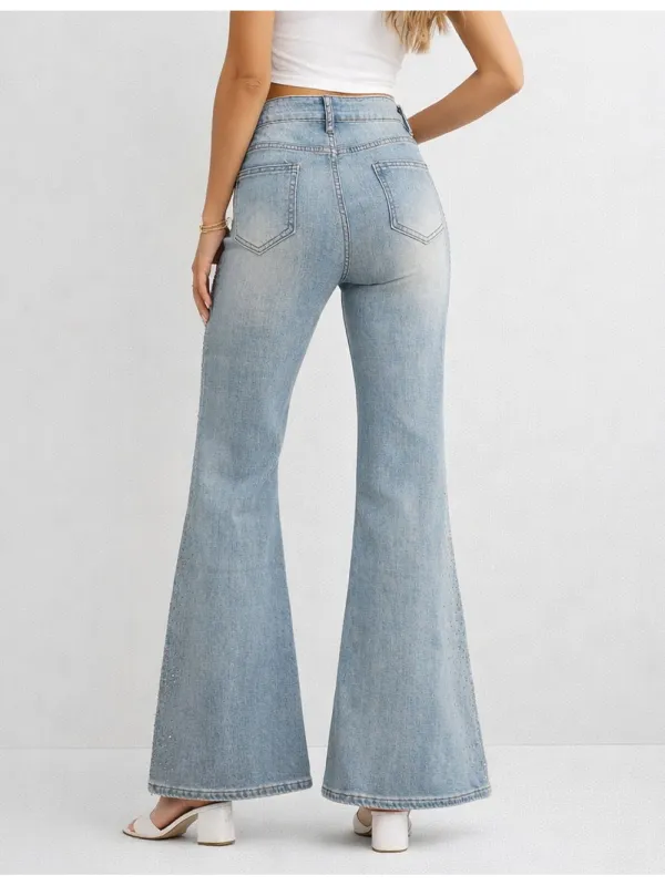 Rhinestone Stud Button Fly Flared Leg Denim Pants