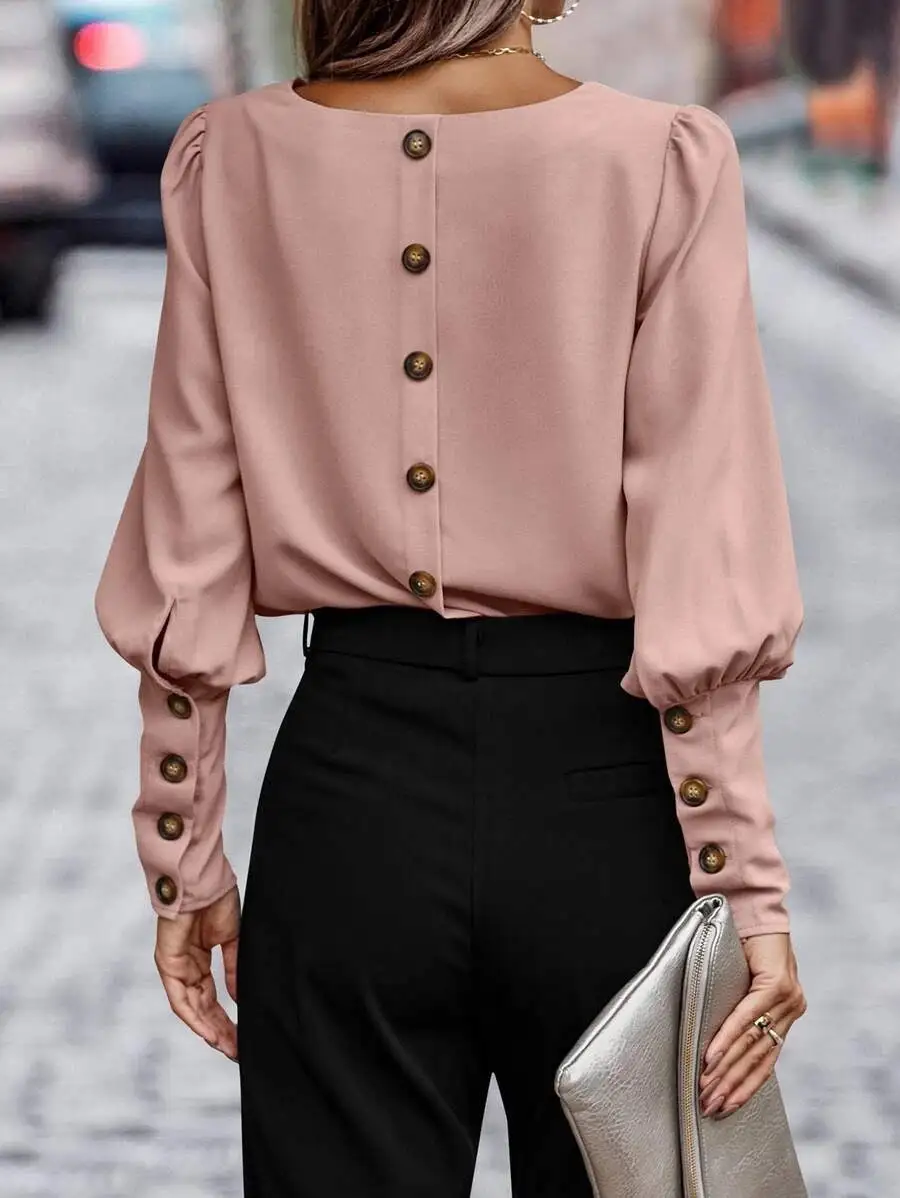 Button Back Puff Sleeve Blouse