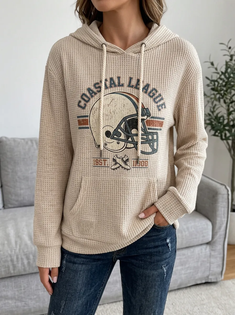 Women's Football Fan Coastal League Helmet Printed Waffle Hoodie