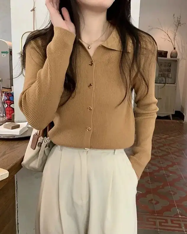 Polyester-Blend Button-Front Polo-Collar Relaxed-Fit Cardigan