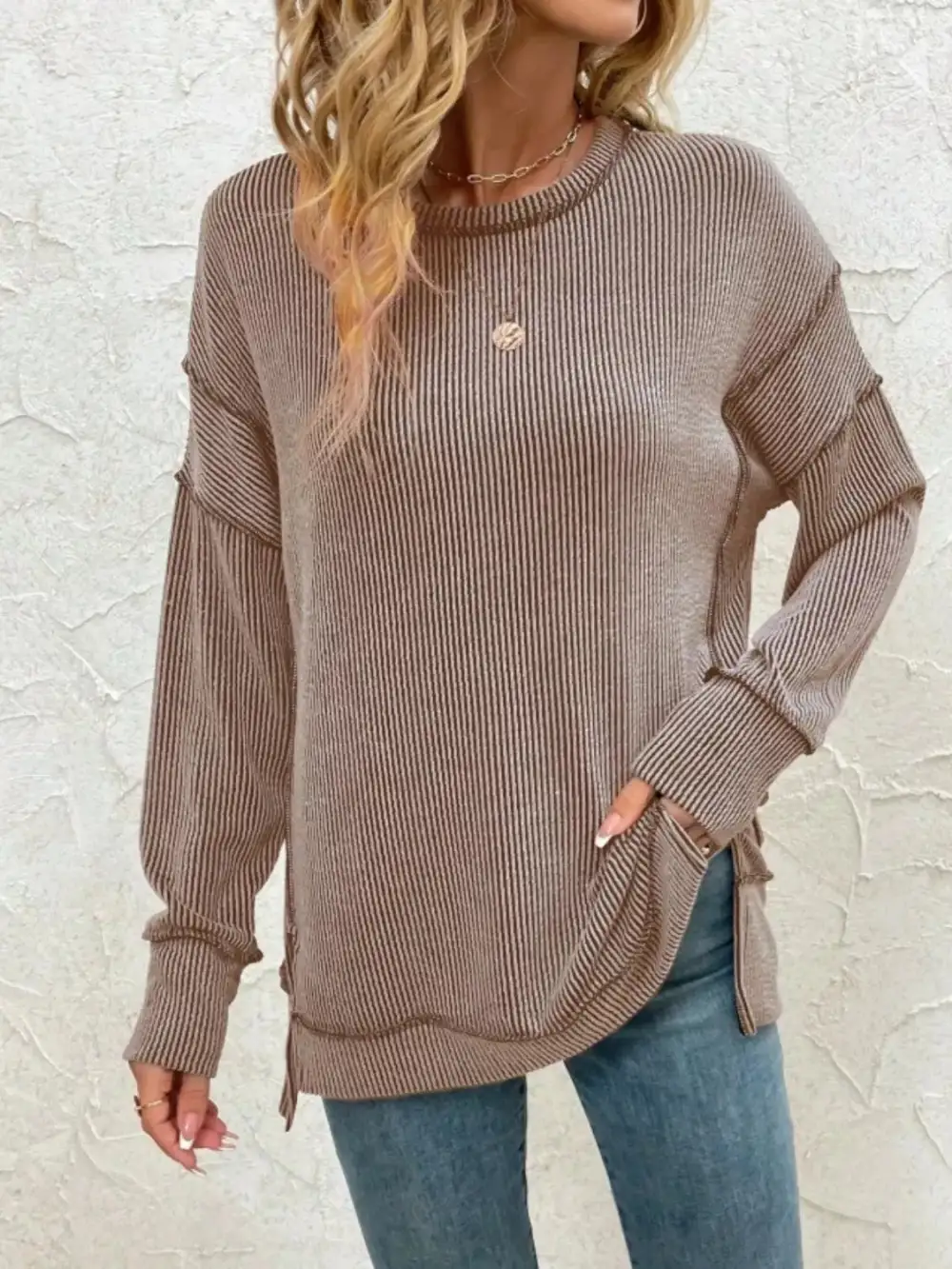 Side Slit Round Neck Sweatshirt