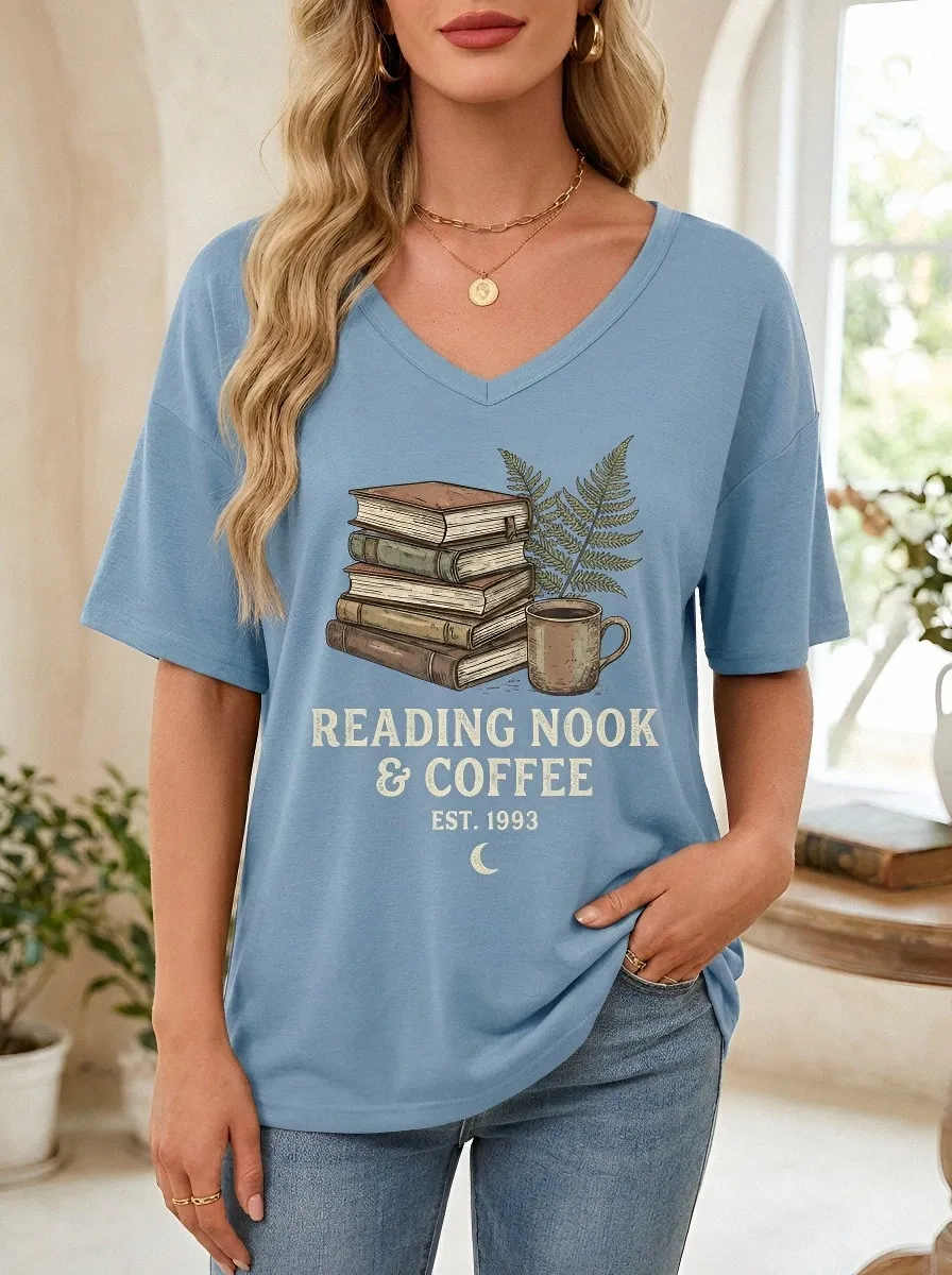 Women's Book Lover Reading Nook Coffee Fern Printed T-shirt