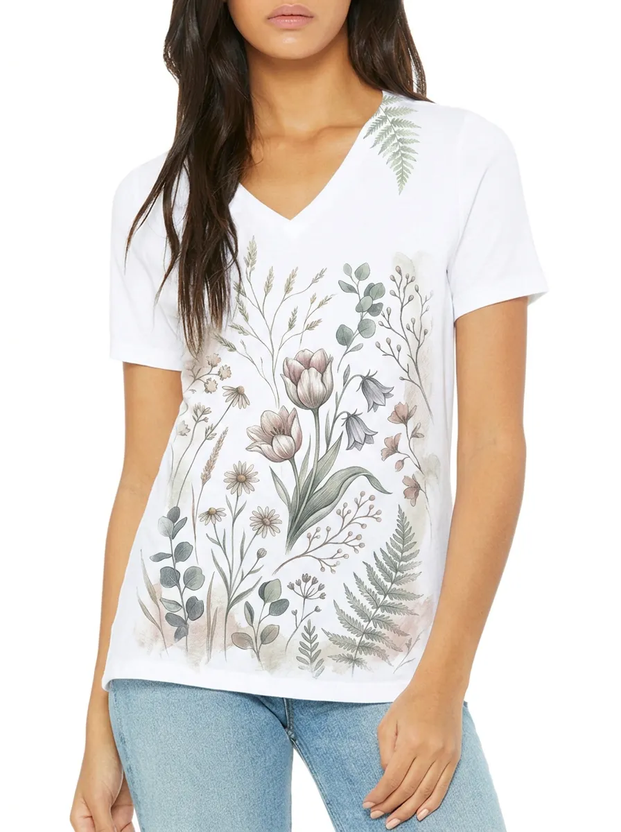 Women's Botanical Nature Lover Tulip Fern Printed V-neck T-shirt
