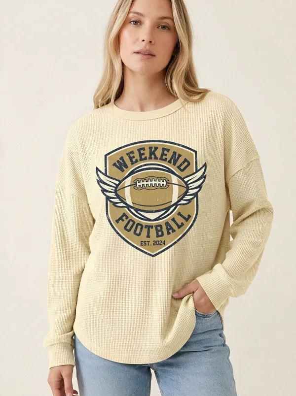 Women's Weekend Football Winged Shield Graphic Printed Waffle T-Shirt