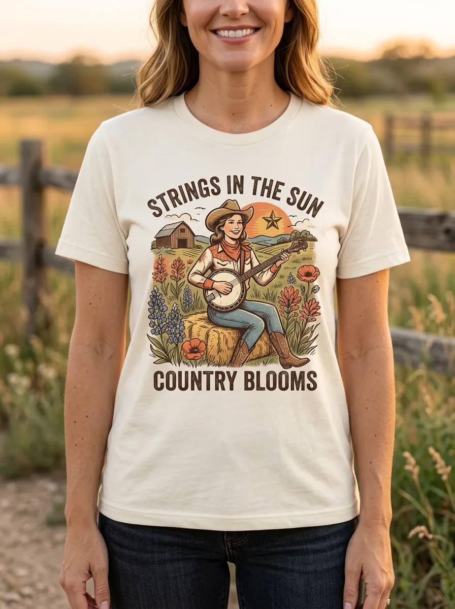 Western Banjo Floral Country Music Crewneck T-Shirt