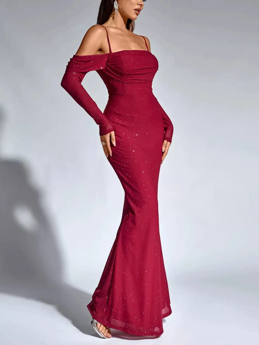 Glitter Ruched Long Sleeve Mermaid Maxi Dress