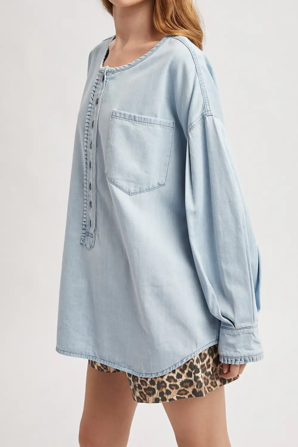 Denim Button Front Henley Ruffle Long Sleeve Top