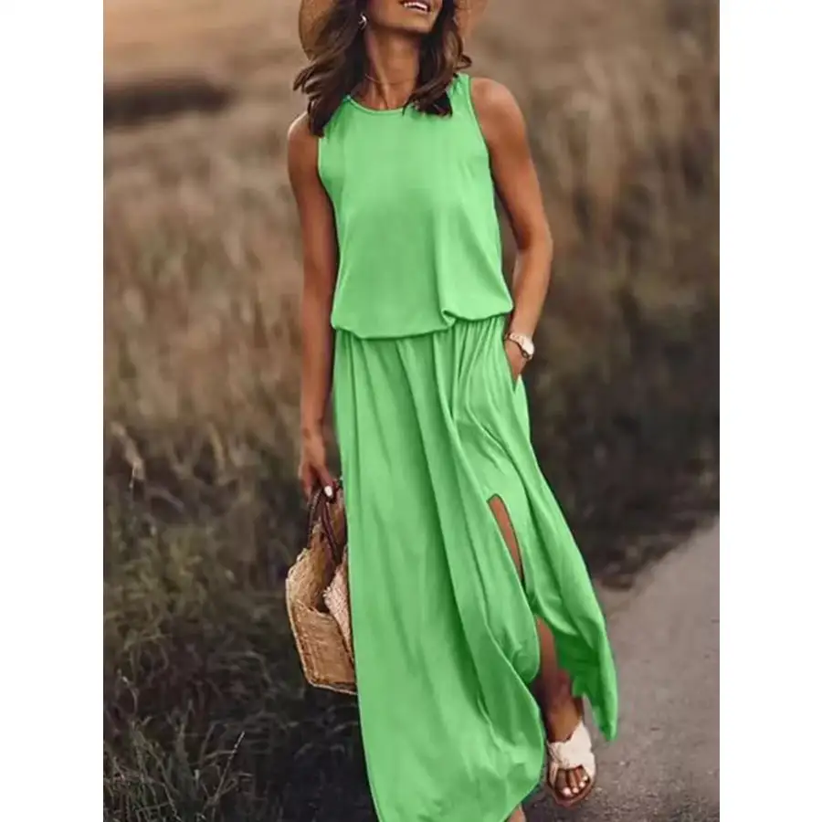 Full Size Round Neck Sleeveless Slit Maxi Dress Plus Size