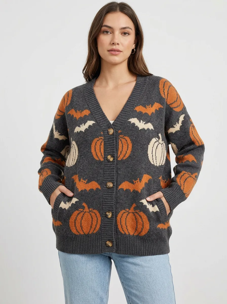 Women's Spooky Pumpkin Bat Halloween Knit Cardigan
