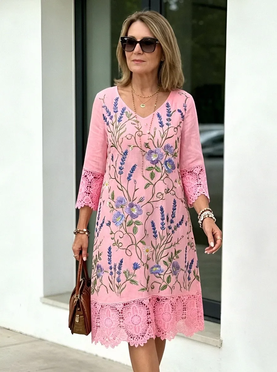 Women's Summer Vacation Lavender Floral Embroidered Lace Trimmed Dress