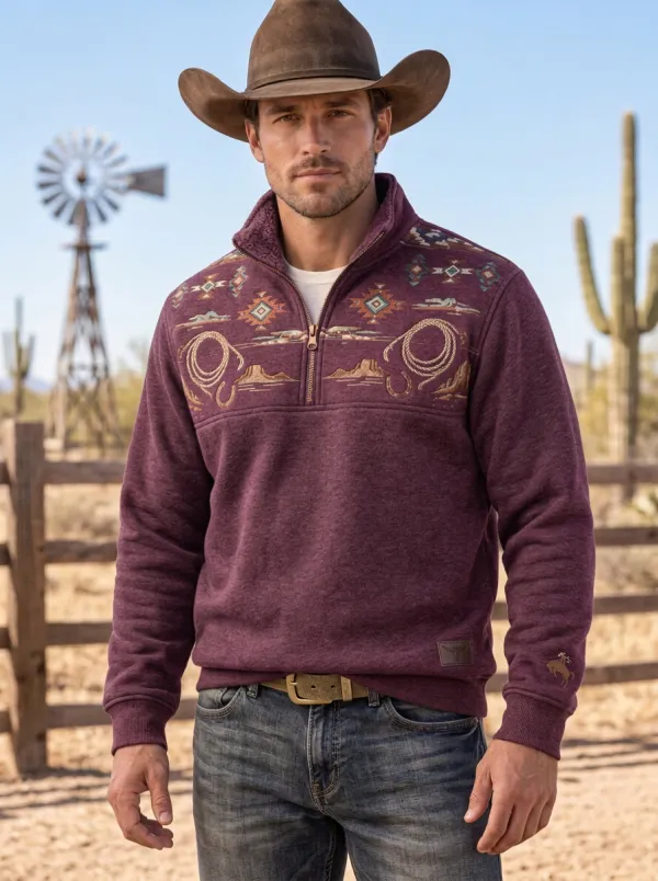 Men's Western Cowboy Lasso Southwestern Half-Zip Sweatshirt