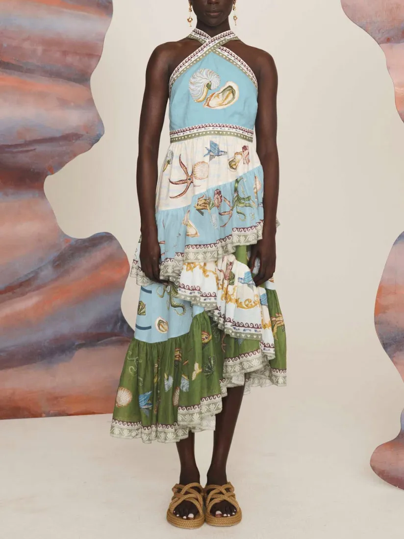 Deep Sea Floral Print Tiered Irregular Midi Dress