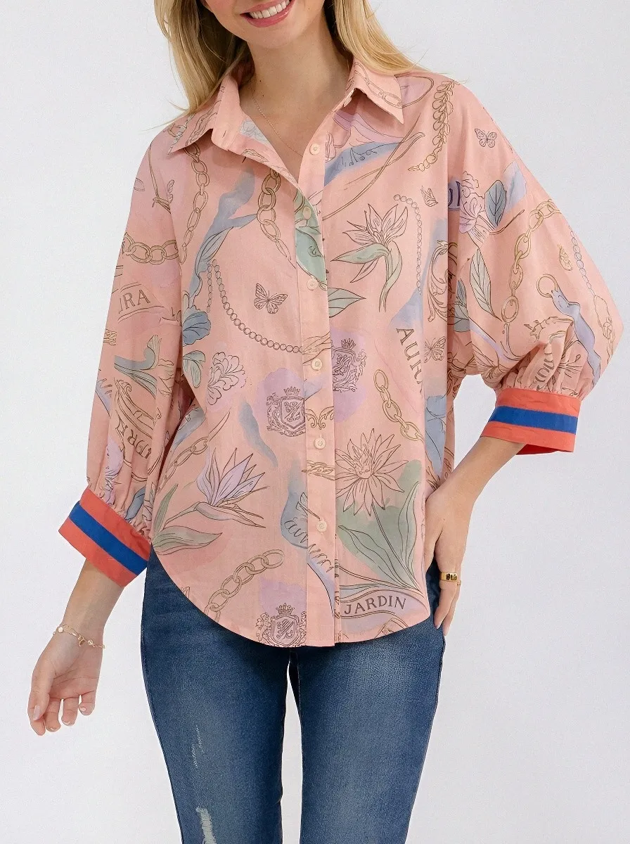 Women's Floral Chain Print Butterfly Pattern Printed Button-up Shirt