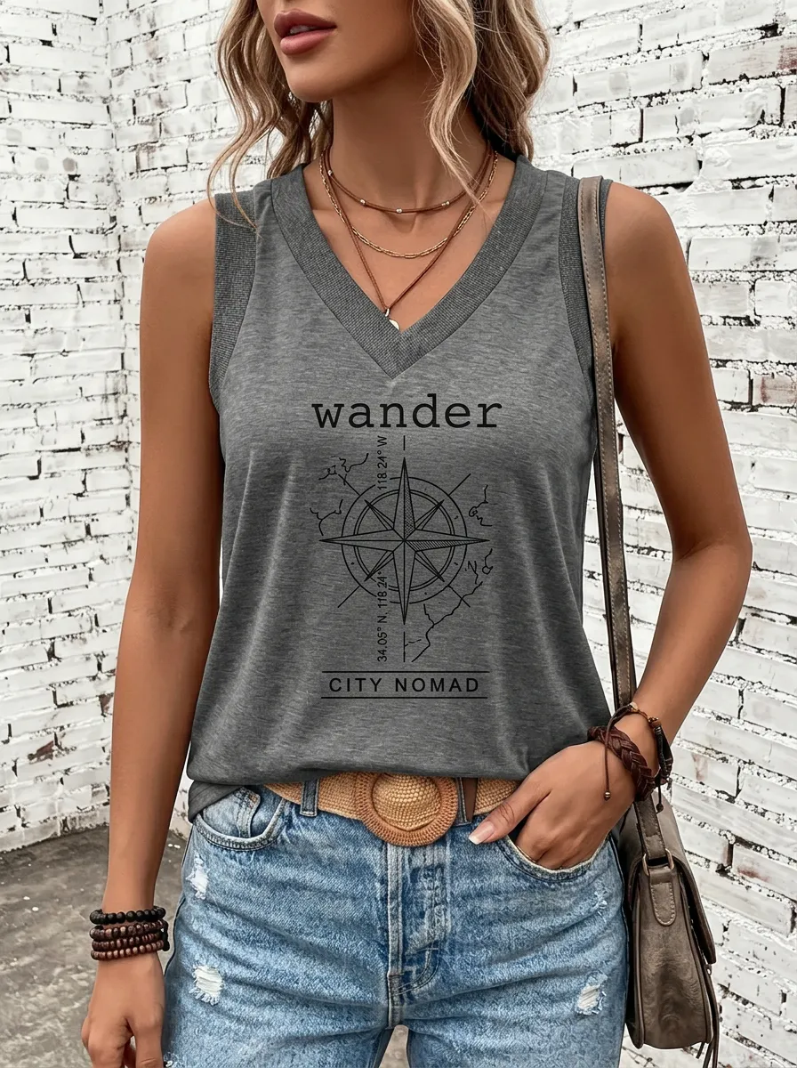 Women's Travel Wanderer Compass Map Printed V-Neck Tank Top