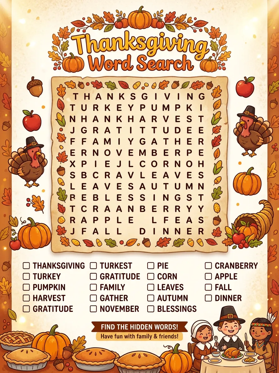Family Thanksgiving Turkey Pumpkin Word Puzzle Poster